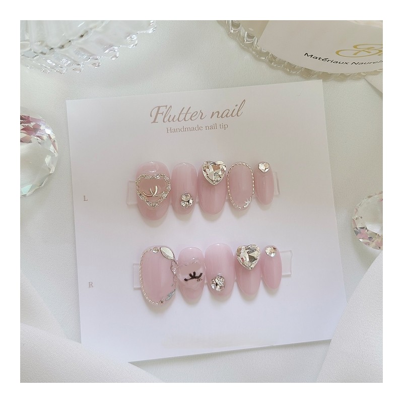Yeori Pink Heartstone Handmade Nail Tips - Short Oval Mini