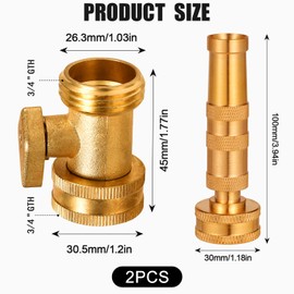2pcs Adjustable High Pressure Hose Nozzle, with 2pcs Hose Shutoff Valve 3/4 Inch GHT Connector High Pressure Jet Nozzle Brass High Pressure Hose Nozzle for Garden Hose
