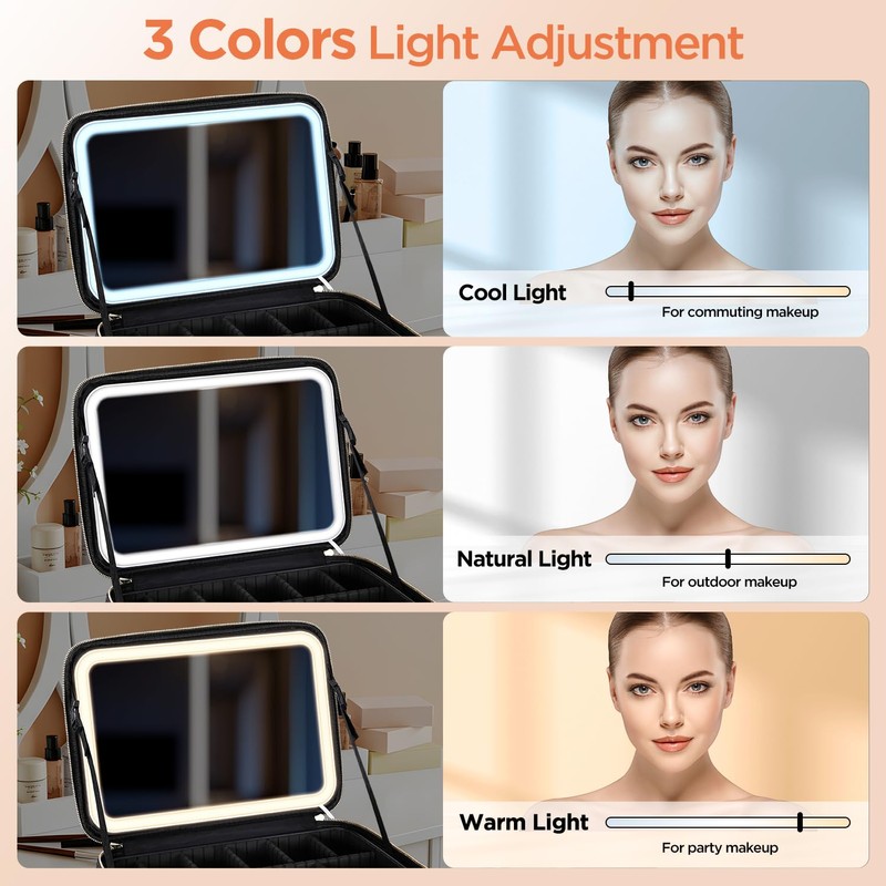 IPOW Premium Makeup Bag with Rechargeable LED Mirror, 3 Adjustable