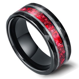 Reseldda 8mm Synthetic Ruby Tungsten Engagement Wedding Bands for Men, Black Gold Mens Tungsten Carbide Rings Edge Hammered Polished, Retro Art Deco Red July's Birthstone Promise Rings for Him Size 12