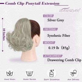 BARSDAR Short Gray Ponytail Extension - 10 Inch Loose Curly Wavy Drawstring Comb Clip Pony Tails Hairpieces for Women, Synthetic Clip in Ponytail Hair Extensions Daily - Silver Grey