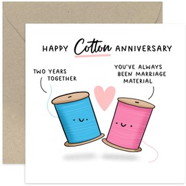 Old English Co. Happy Cotton Anniversary Card - 2nd Wedding Anniversary - Funny Cotton Thread Second Anniversary Card for Couple - For Husband or Wife | Blank Inside