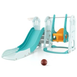 Costway Adjustable Kids Swing & Slide Set Extra-long Slide, Basketball Hoop w/ Climber