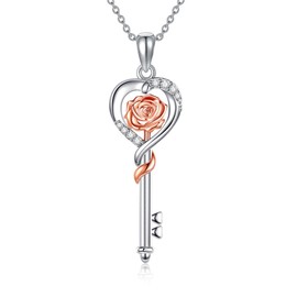 YAFEINI Key Necklace 925 Sterling Silver Rose Flower Key Charm Pendant Jewelry for Women