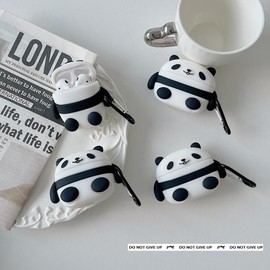 Earphone Case for AirPods 1/2, Cute Lovely White Black Sitting Panda Case Soft Silicone Case, Happy Lucky Panda AirPods 1/2 Cover Protective Case Skin Shockproof Protector for Earbuds