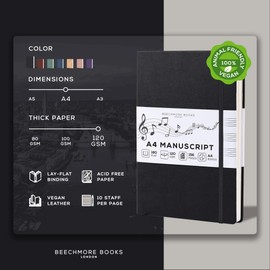 BEECHMORE BOOKS Blank Sheet Music Notebook – A4 8.5x11.5 for Songwriters, Musicians & Composers, 156 Thick 120gsm Pages, 10-Staff Perforated Sheets, Vegan Leather Hardcover, Elastic Closure, Gift Box