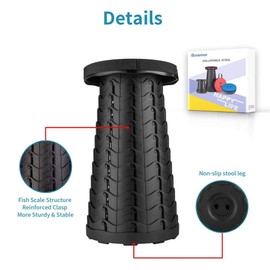 Upgraded Folding Stool，Portable Collapsible Stool with 400lbs, Lightweight, Durable Telescoping Design, 10" to 18" Adjustable Retractable Chair for Camping, Fishing, Hiking, and Travel (Black)