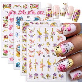 KTAABTR 5 Sheets Flower Leaves Nail Stickers, Gold French Stripes Nail Decals, 3D Self-Adhesive Nail Art Stickers for Women Girls DIY Red Purple Pink Floral Nail Decoration Supplies