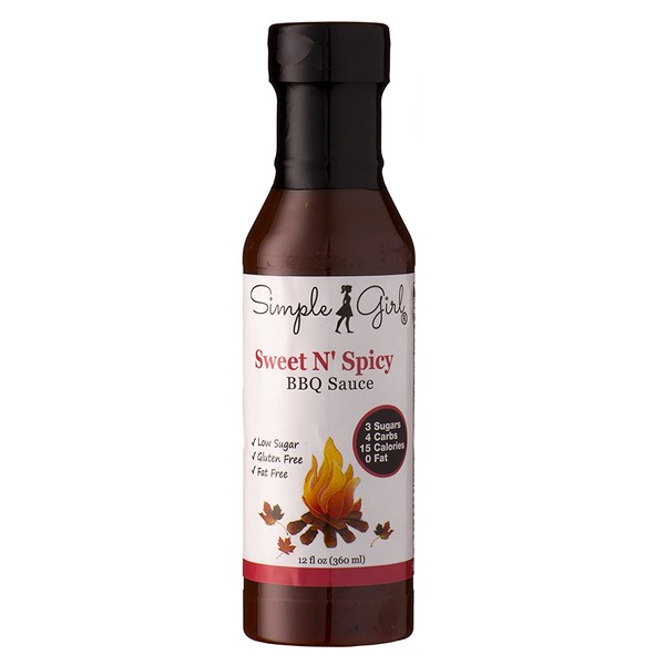 Simple Girl Sweet N’ Spicy BBQ Sauce 12oz - Low Sugar - With Molasses/Stevia - Gluten/Fat/MSG Free - Vegan - Compatible With Most Low Calorie Diets - 2 Bottles