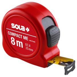 SOLA Tape Measure Compact ME 8 m / 25 m Pocket Tape Measure with Belt Clip Steel Tape Painted Yellow with mm/inch Scale Accuracy Class II Roll Meter with Movable End Hook Length 8 m / 25 m