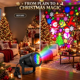 Christmas Projector Light for Walls & Ceilings, 16-Pattern USB Rotating Holiday LED Projector with 270° Adjustable Stand for Indoor Home & Party Decor