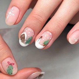 Christmas Almond Press on Nails Short Fake Nails Full Cover Nude False Nails with Snowflake Snowman House Xmas Tree Designs Matte White Nail Tips Acrylic Nails Cute Christmas Stick on Nails for Women