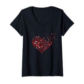 Womens Colorful Pink & Red Butterflies Making a Heart Butterfly V-Neck T-Shirt