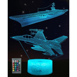 Kenmaca Warplane Aircraft Carrier Night Light for Boys Bedroom, Fighter Jet 3D Illusion Lamp 2 Patterns 16 Colors Change Dimmable Room Decor, Touch & Remote Control, Birthday Toy Gift Toddler Kid Teen