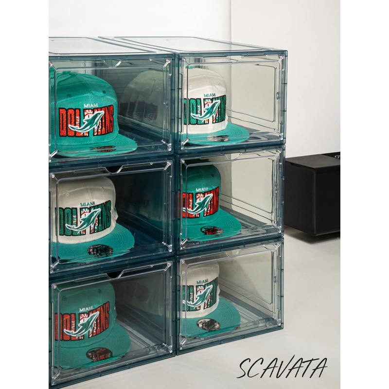 SCAVATA 6 Pack Hat Organizer Box, Stackable Clear Baseball Caps