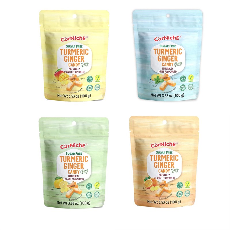 CORNICHE Sugar Free, Turmeric Ginger Candy Chewy, 4 Flavor Mix