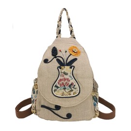 HUANGGUOSHU Women Cotton Woven Hippie Hemp Boho Canvas Embroidery Multi Pocket Retro Cute Backpack Wallet Backpack（Vase）