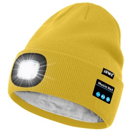ATNKE LED Lighted Bluetooth Beanie Hat,USB Rechargeable 4 LED Wireless Run Headlamp Lined Fleece Cap for Men and Women/#Yellow