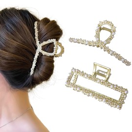 Uoocg Pack of 2 Pearl Hair Clips Large Gold Metal Hair Clips Women's Elegant Hair Clips for Women and Girls Thick Hair Accessories