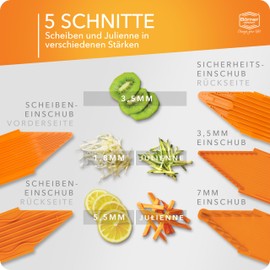 Börner Gemüsehobel V1 (Starter Set) • V-Hobel mit 4 Einsätzen & Fruchthalter • Verstellbarer Hobel für Gemüse & Obst • Gemüseschneider für Scheiben, Streifen & Würfel • Farbe: Orange