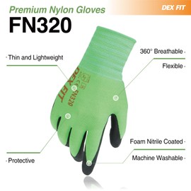 DEX FIT Premium Nylon Nitrile Work Gloves FN320, 3 Pairs, 3D-Comfort Stretchy Fit, Firm Grip, Thin & Lightweight, Durable, Breathable & Cool, Machine Washable; Green 6 (XS)
