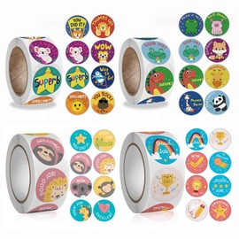 2000pcs Motivational Reward Stickers for Kids, Ladiz 1 Inch Round Cartoon Animals Praise Stickers,Motivational Teacher Supplies for Classroom(4 Rolls)
