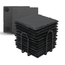 12 Pack Slate Drink Coasters with Metal Holder, VIBRATITE 4 Inch Black Slate Stone Coasters Bulk Laser Engraving Blanks with Anti-Scratch Bottom for Drink Coffee Bar Kitchen Home Decor, Square