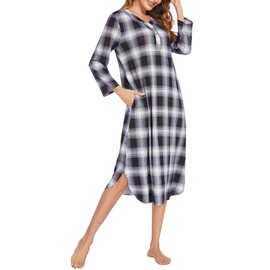 Ekouaer Women's Plaid Flannel Nightgowns Full Length Sleep Shirts Casual Button Up Lounger Dress with Pockets Black Plaid XLarge