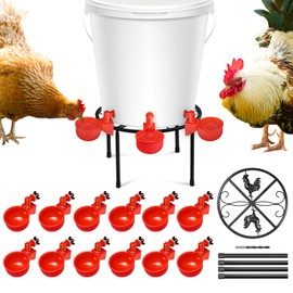 GYIPFIPA Chicken Water Feeder, 12 Pack Chicken Water Cup Waterer for Poultry, 1 Pack Metal Stand, Heavy Duty Round Iron Supports Rack for Barrel Racks, Poultry Watering Cups, for Coop Poultry Indoor Outdoor