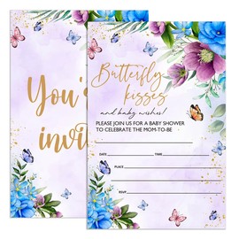 UDNADKEX Baby Shower Invitations for Girl Lavender Floral with Envelopes, Invites for Baby Showers Party Butterfly, Butterfly Kisses, 4"x6" Set of 20