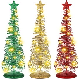 Libima 3 Pcs Christmas Cone LED Lighted Trees Decor Metal Wrought Iron Spiral Xmas Display Tree Stand Tabletop Centerpieces Ornament for Indoor Outdoor Holiday Party Table Decor, Red, Green and Gold