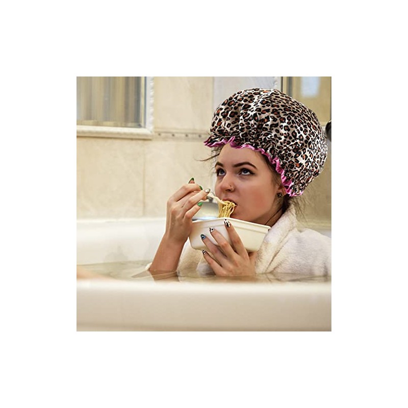 Reusable Waterproof Shower Cap - Double Thick, Leopard Red Border