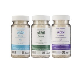 Uiixol Aceites Esenciales | Paquete de 3 Sales de Baño para Tina con Sal Marina y Sales de Epsom, Efecto Relajante y Aromaterapia, Aroma a Romero, Menta y Lavanda 100gr c/u.
