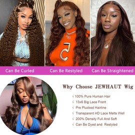 Jewhaut 13x6 Chocolate Brown Lace Front Wig Human Hair HD Transparent Body Wave Lace Front Wigs Human Hair Pre Plucked 200% Density Glueless Frontal Brown Wig Human Hair 32 Inch