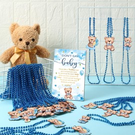 Beeveer 51 Pcs Don't Say Baby Shower Game Supplies Include Wooden Baby Shower Sign and 50 Necklaces for Gender Reveal Party Decor(Blue Bear)