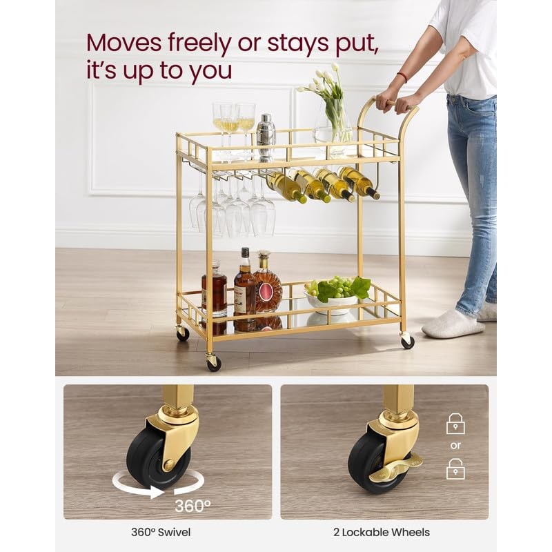 VASAGLE Bar Cart Gold, Home Bar Serving Cart, Wine Cart