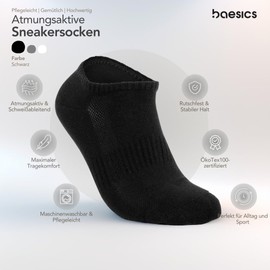 Baesics Sneaker Socks (Set of 6) Unisex, No Slipping, Breathable, Anti-Sweat Stripes, Short Socks for Any Shoe, ÖkoTex100, 6x Black, 39 - 42