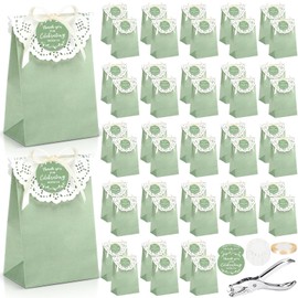 Funrous 48 Pack Wedding Gift Bags for Guests Welcome Sage Green with Thank You for Celebrating with Us Gift Tag 4.7 x 3 x 7.1 in Wedding Thank You Goodie Favor Bags Stuffers Bridal Baby Shower