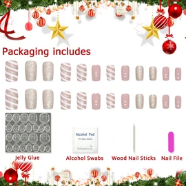 Folmywy 24 Pcs Glitter Christmas Fake Nails with Design Oval Nails for Women Acrylic Golden False Nail Stick on Nails Reusable Full Cover Xmas Manicure