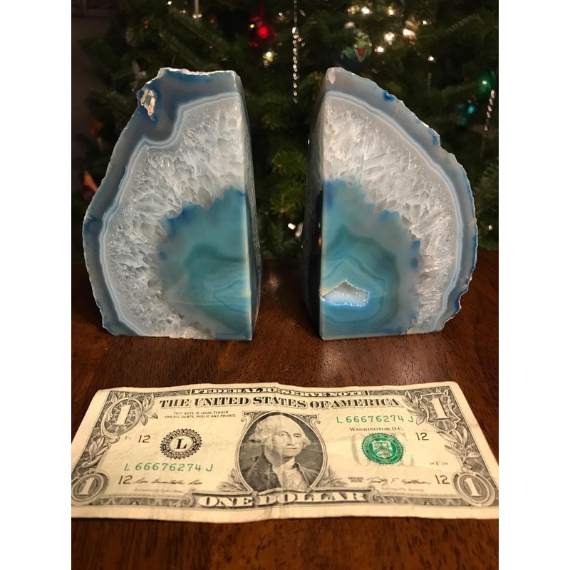 AMOYSTONE Teal Agate Geode Bookends, Unique Natural Crystal Book Holder