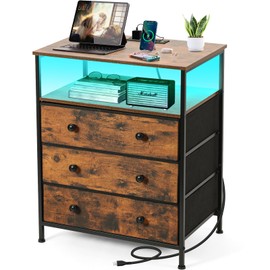 PATAVOT 3 Drawers Dresser with Charging Station, 24 Inch Wide LED Night Stand with Adjustable Fabric Drawer, Nightstand with Storage Shelf for Living Room/Bedroom/Office, Rustic Brown.