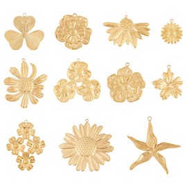 FASHEWELRY 11Pcs 11 Styles Real 18K Gold Plated Flower Charms Bulk Golden Stainless Steel Flower Pendants Tiny Dangle Floral Charms for Valentine's Day DIY Earring Necklace Bracelet Jewelry Making