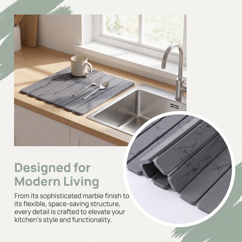 Foldable Diatomite Dish Drying Mat for Kitchen Counter, Gray Marble