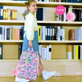 FTJCF 16.5" Backpack for Girls, 3Pcs Girls Smile Face Bookbag with Lunch Box，Lightweight Kids Backpacks Set for Kindergarten/Preschool/Elementary School (Emoji)