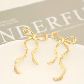 Atifober Cute Gold Bow Earrings Bow Drop Earrings Long Statement Earrings Bow Tassel Earrings Minimalist Gold Ribbon Earrings Elegant Bow Dangle Earrings For Women Prom Birthday Party Jewelry