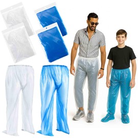 Geyoga 8 Pcs Disposable Rain Pants with Shoe Boot Waterproof Long Pant Boot Covers for Adults Teens Outdoor Cycling Fishing(L,White,Blue)