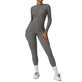 Ecupper Womens One Piece Workout Jumpsuit Zip Up Bodysuit Long Sleeve Yoga Rompers Full Length Sports Gym Shapewear Grey XS