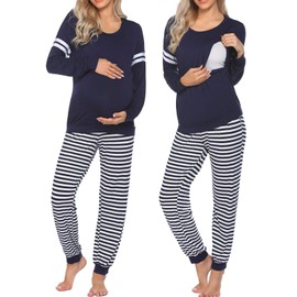 Ekouaer Maternity Pajama Set Nursing Pjs Women Breastfeeding Pregnancy Postpartum Clothes Long Sleeve Top & Pant with Pockets Navy Blue