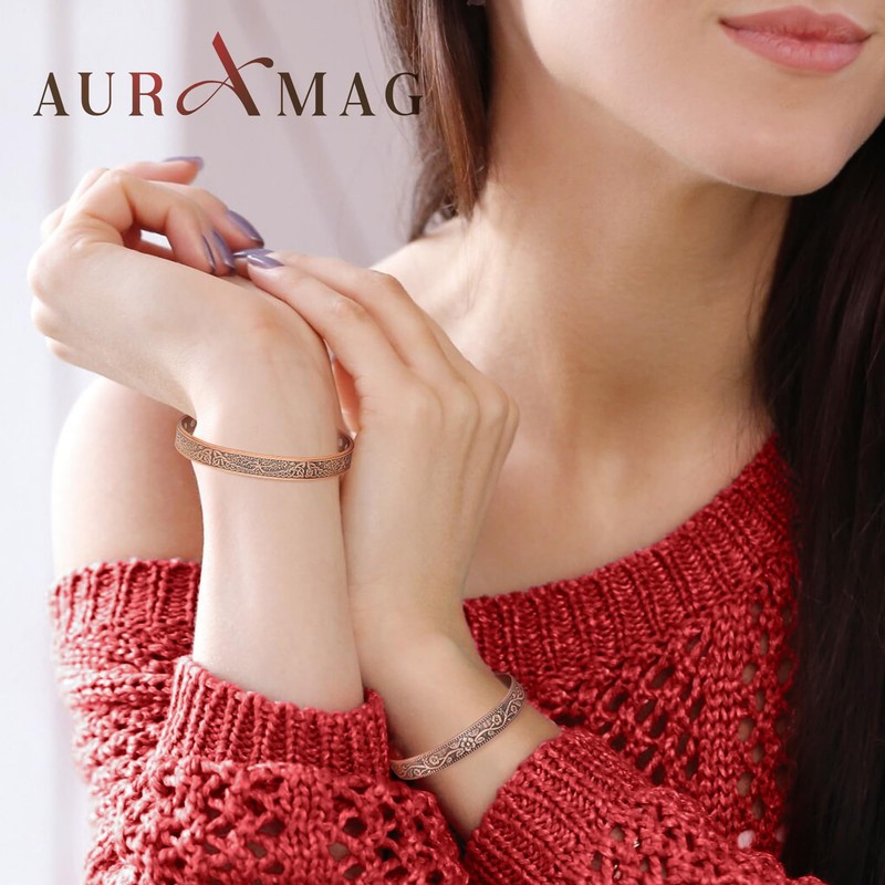Auramag Copper Bangle for Women, Magnetic Cuff Bangle with 3500