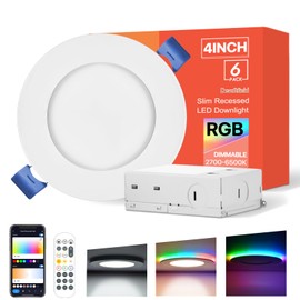 Dcvoltfield 6Pack Smart RGB Recessed Lighting 4Inch,Ultra-Thin Canless LED Downlight,2.4GHz Wi-Fi Bluetooth, 2700K-6500K, 9W 810LM,Work with Tuya App,Alexa,Google Assistant,Sync Music